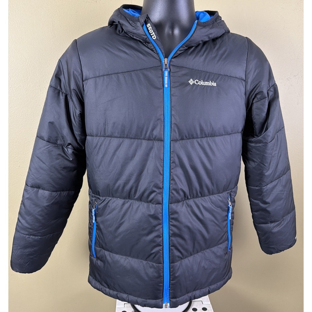 Columbia Youth L 14/16 TurboDown Hooded Jacket Black Blue Omni-Heat Puffer Coat